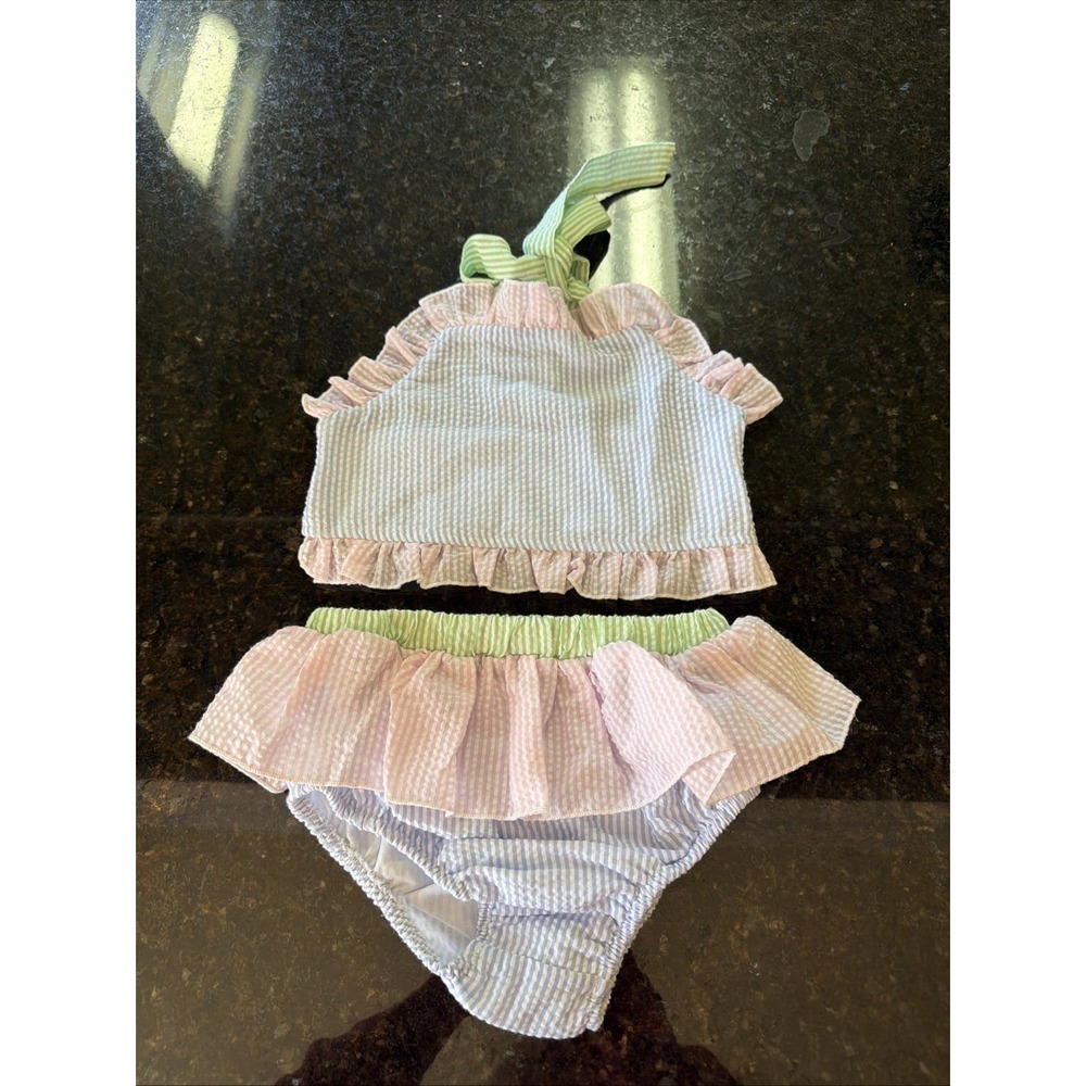 Girls Seersucker Ruffle Swimsuit Bikini Boutique Sz 6-7 Colorblock Preppy Bathin